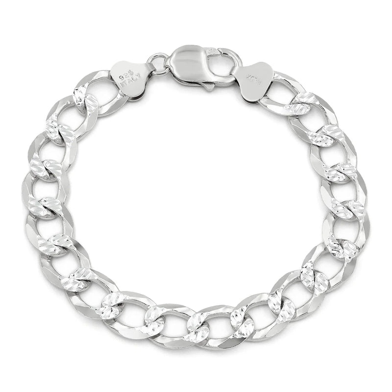 10.5mm curb pave bracelet in 925 sterling silver, polished finish, made in Italy