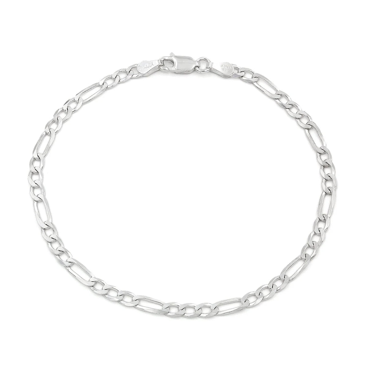 3mm Figaro bracelet in 925 sterling silver, polished finish, made in Italy
