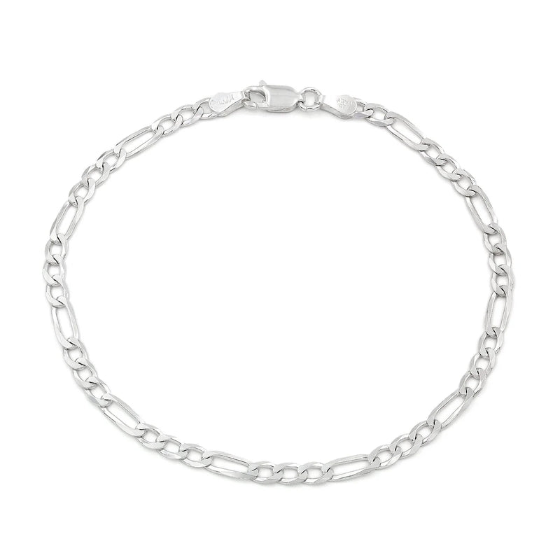 3mm Figaro bracelet in 925 sterling silver, polished finish, made in Italy