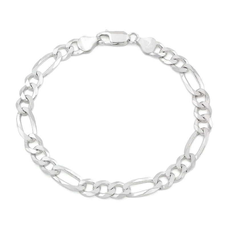 7mm Figaro bracelet in 925 sterling silver, polished finish, made in Italy