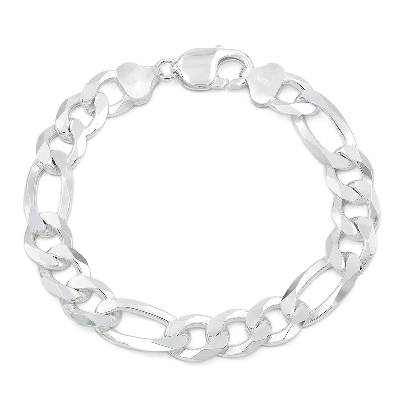 10.5mm Figaro bracelet in 925 sterling silver, polished finish, made in Italy