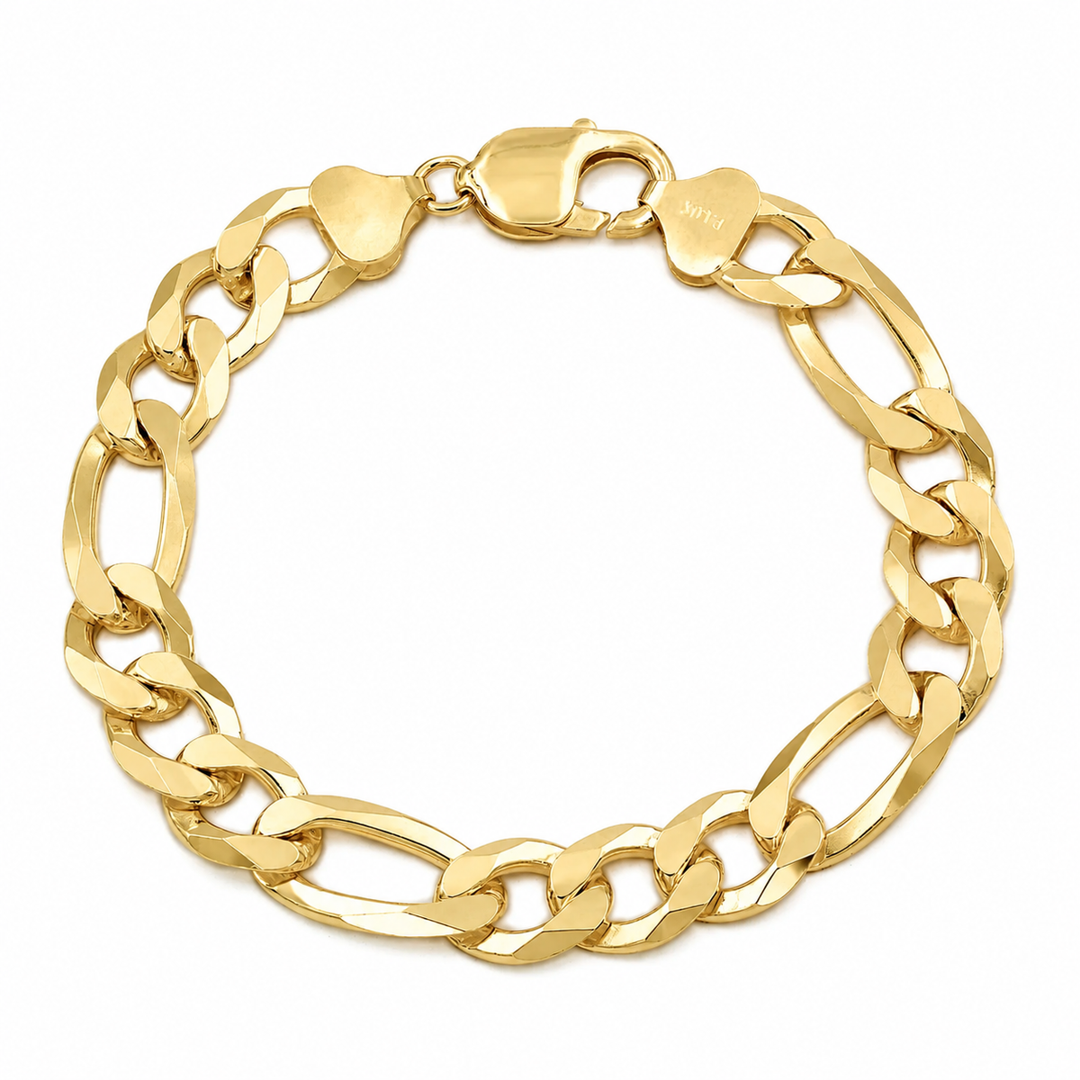 10.5mm Figaro bracelet in 925 sterling silver, gold plated, made in Italy