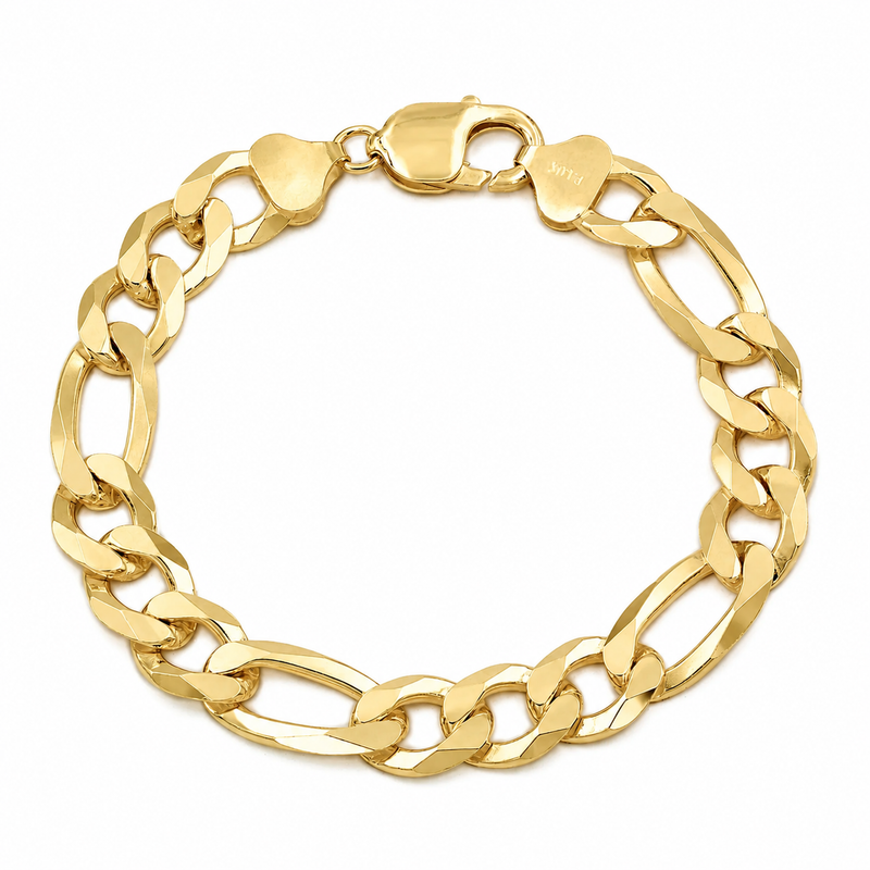 10.5mm Figaro bracelet in 925 sterling silver, gold plated, made in Italy