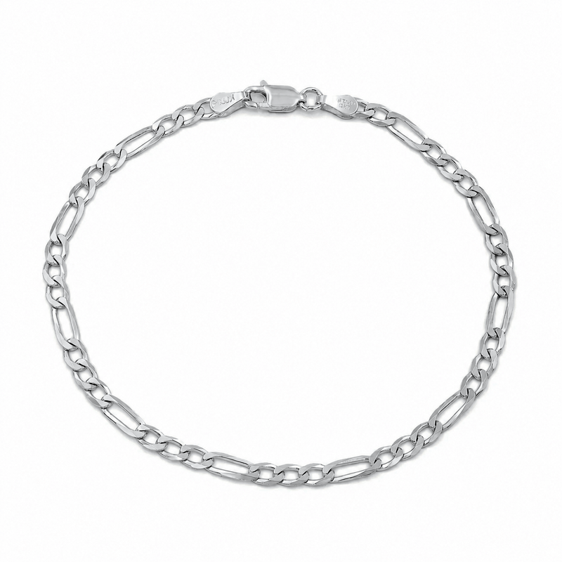 3mm Figaro bracelet in 925 sterling silver, rhodium plated, made in Italy