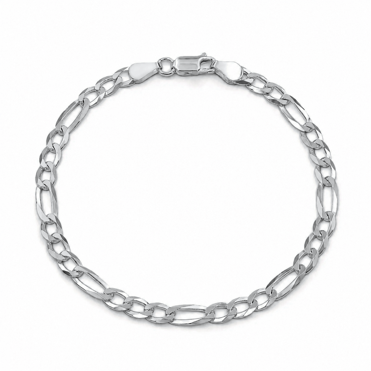 4mm Figaro bracelet in 925 sterling silver, rhodium plated, made in Italy