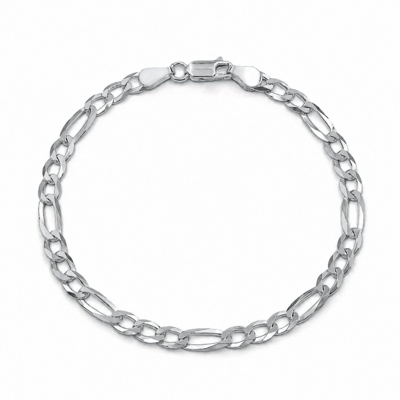 4mm Figaro bracelet in 925 sterling silver, rhodium plated, made in Italy
