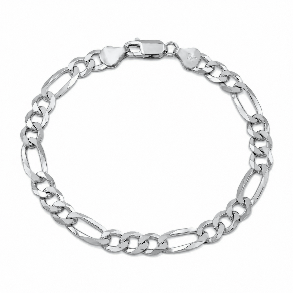 7mm Figaro bracelet in 925 sterling silver, rhodium plated, made in Italy