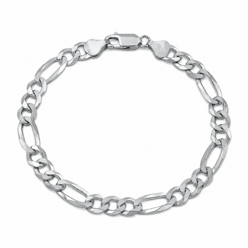 7mm Figaro bracelet in 925 sterling silver, rhodium plated, made in Italy