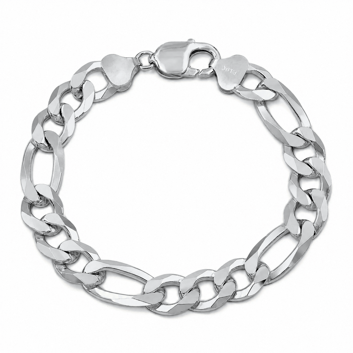 10.5mm Figaro bracelet in 925 sterling silver, rhodium plated, made in Italy