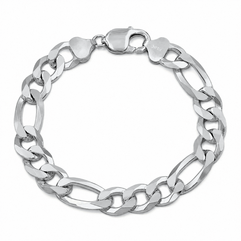 10.5mm Figaro bracelet in 925 sterling silver, rhodium plated, made in Italy