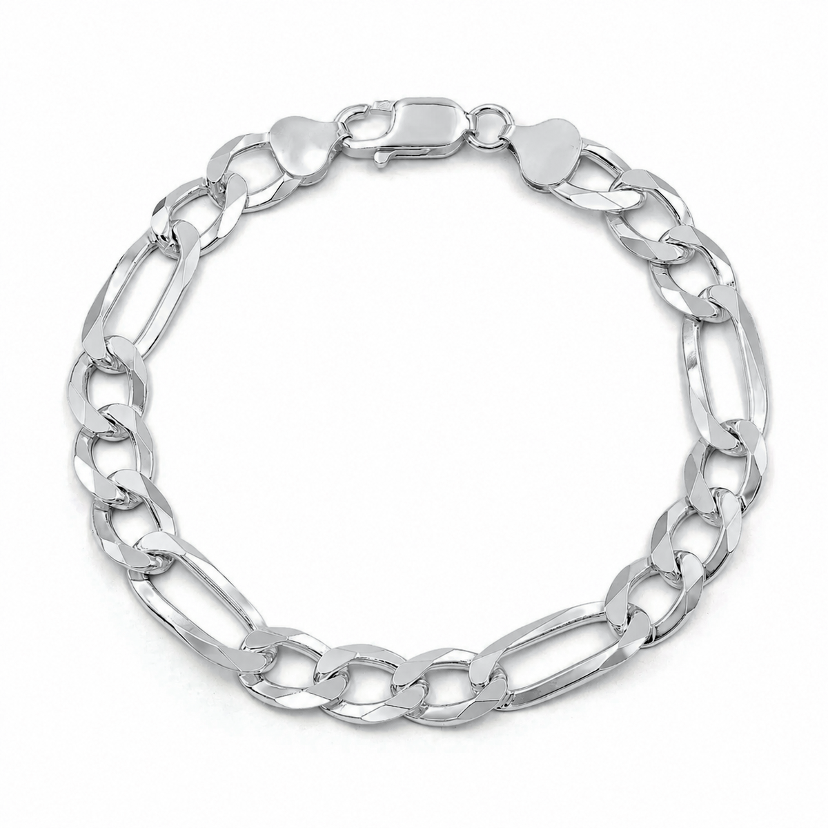 8.5mm Figaro bracelet in 925 sterling silver, rhodium plated, made in Italy
