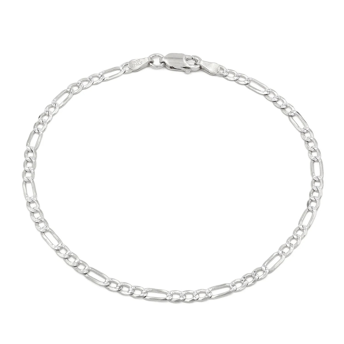 3mm Figaro pave bracelet in 925 sterling silver, polished finish, made in Italy