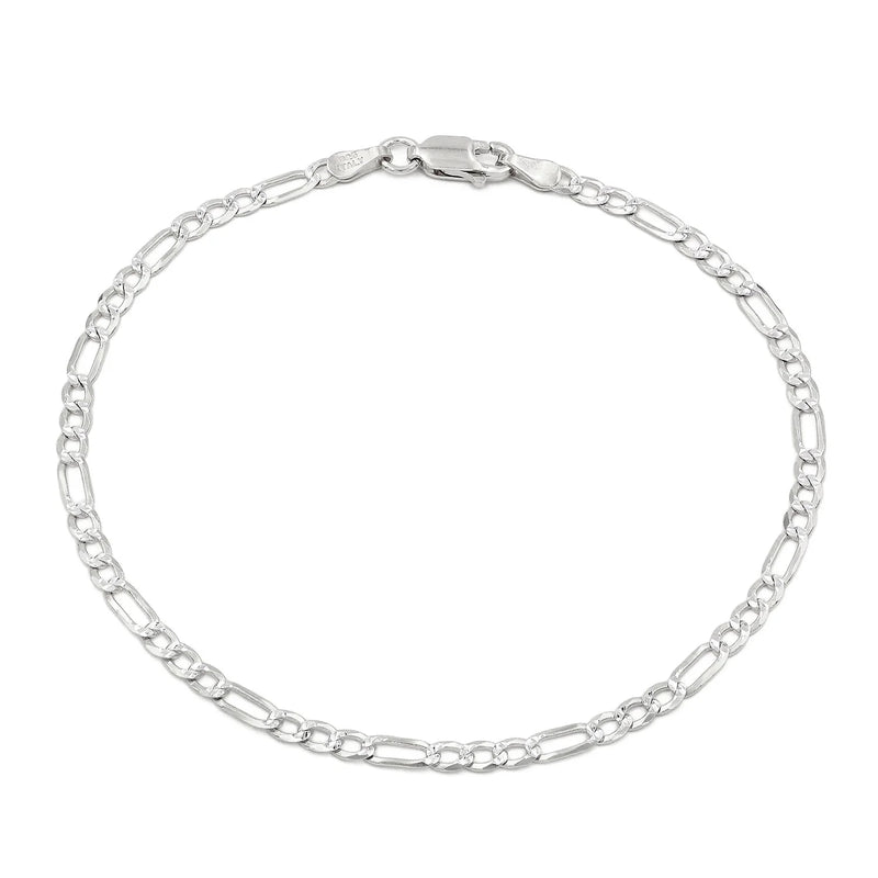 3mm Figaro pave bracelet in 925 sterling silver, polished finish, made in Italy