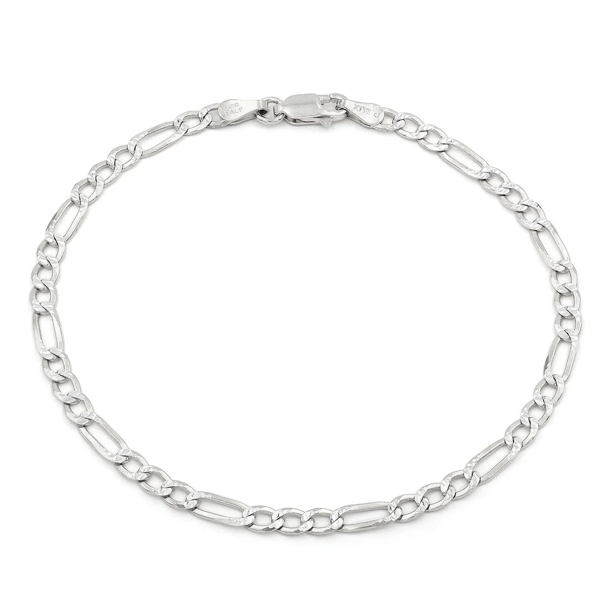 3.5mm Figaro pave bracelet in 925 sterling silver, polished finish, made in Italy