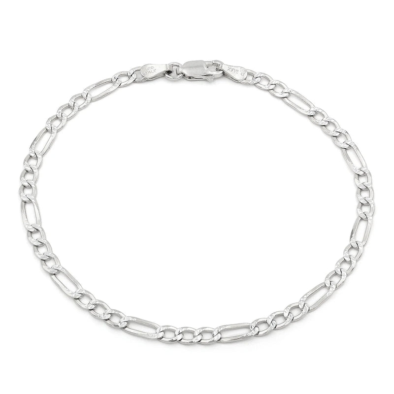 3.5mm Figaro pave bracelet in 925 sterling silver, polished finish, made in Italy