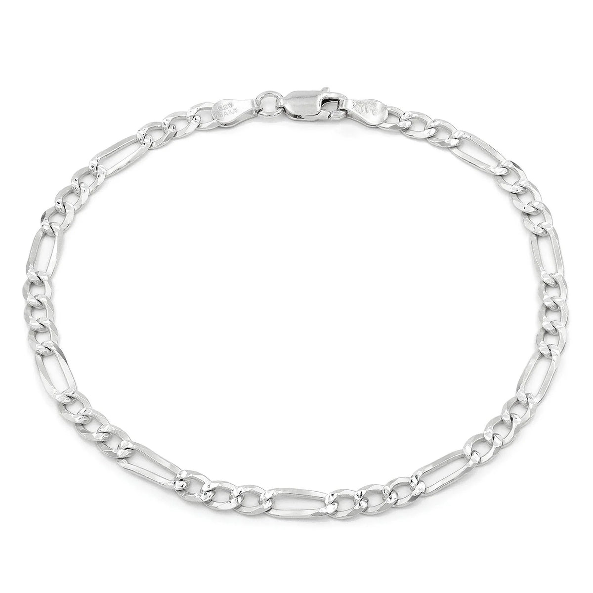 4mm Figaro pave bracelet in 925 sterling silver, polished finish, made in Italy
