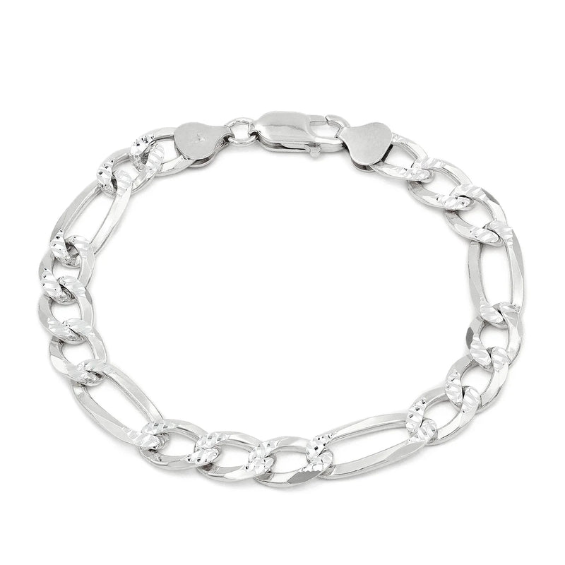 8.5mm Figaro pave bracelet in 925 sterling silver, polished finish, made in Italy