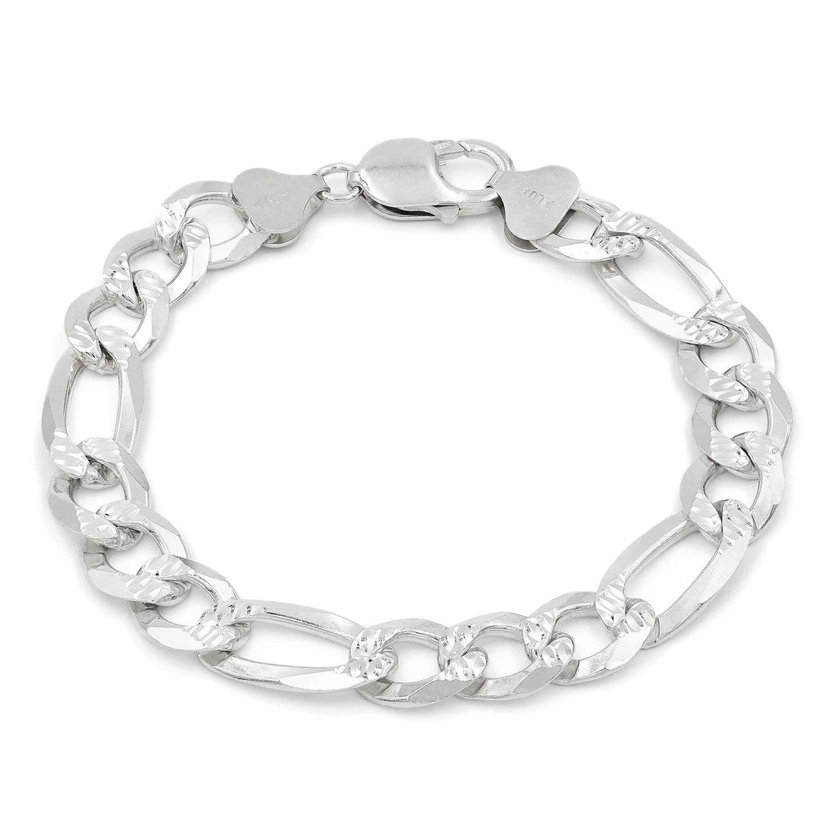 10.5mm Figaro pave bracelet in 925 sterling silver, polished finish, made in Italy