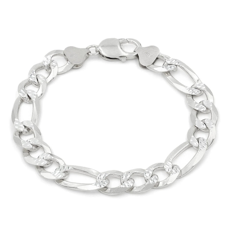 10.5mm Figaro pave bracelet in 925 sterling silver, polished finish, made in Italy