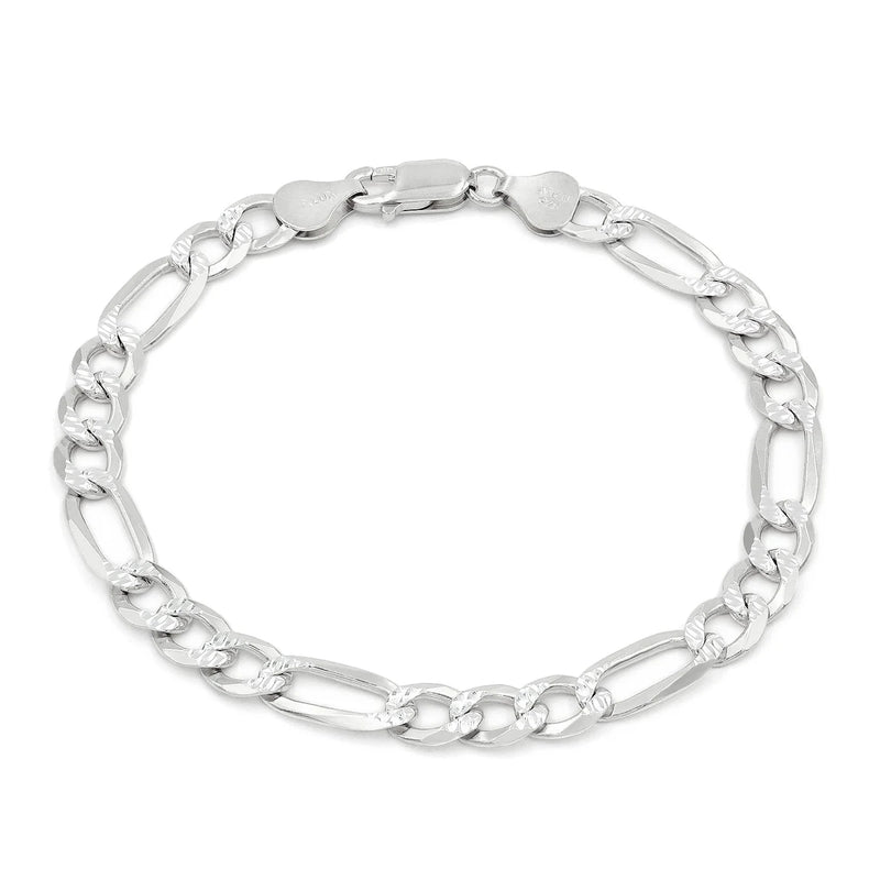 7mm Figaro pave bracelet in 925 sterling silver, polished finish, made in Italy