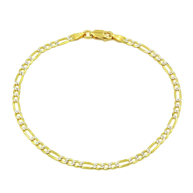 3mm Figaro pave bracelet in 925 sterling silver, two-tone, made in Italy