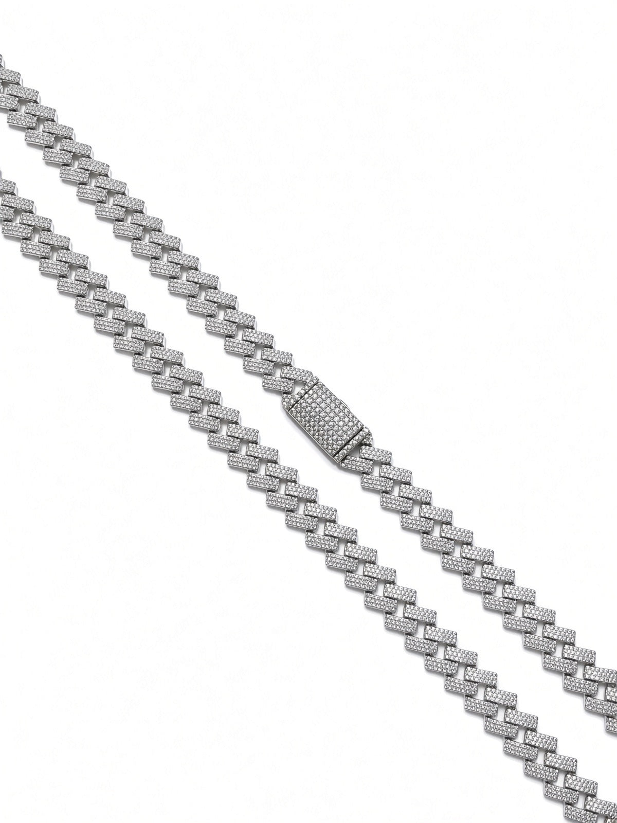 10mm cuban edge chain in 925 sterling silver, rhodium plated, set with cubic zirconia stones