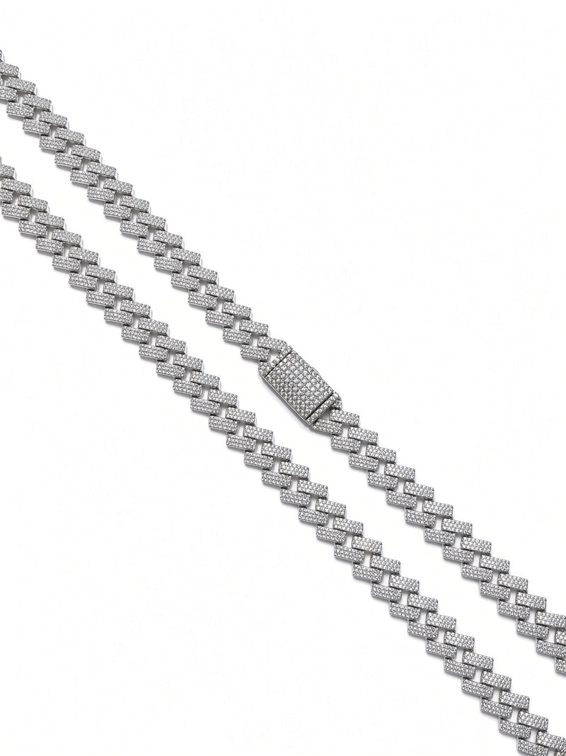 10mm cuban edge chain in 925 sterling silver, rhodium plated, set with cubic zirconia stones