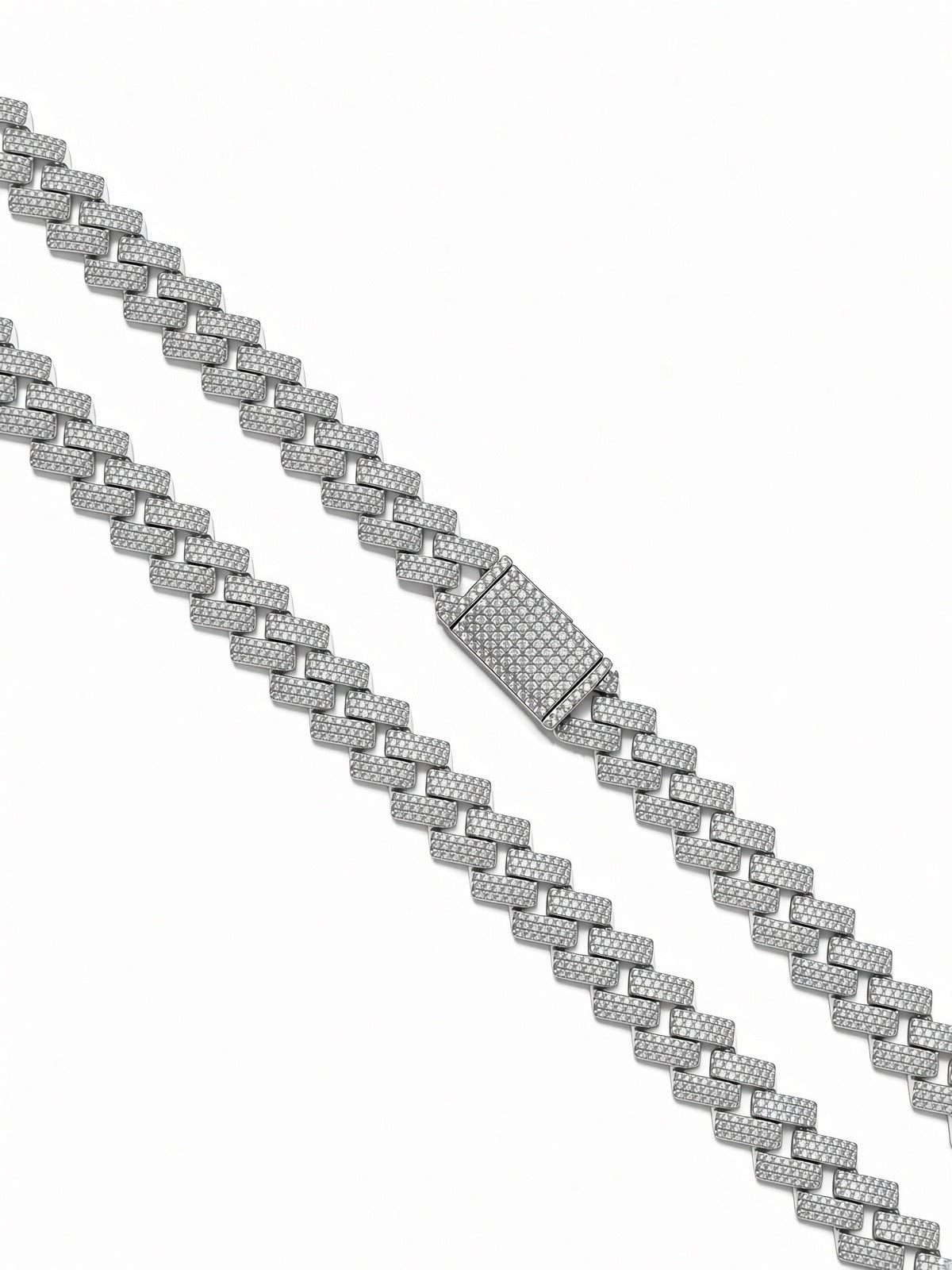 12mm cuban edge chain in 925 sterling silver, rhodium plated, set with cubic zirconia stones