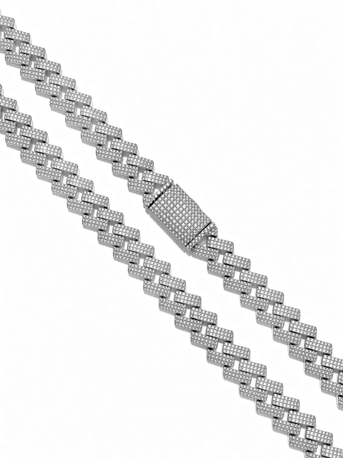 14mm cuban edge chain in 925 sterling silver, rhodium plated, set with cubic zirconia stones