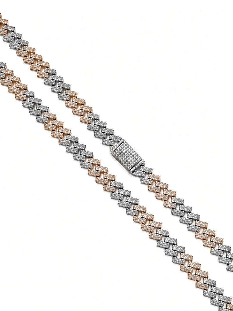 10mm cuban edge chain in 925 sterling silver, two-tone rose, set with cubic zirconia stones