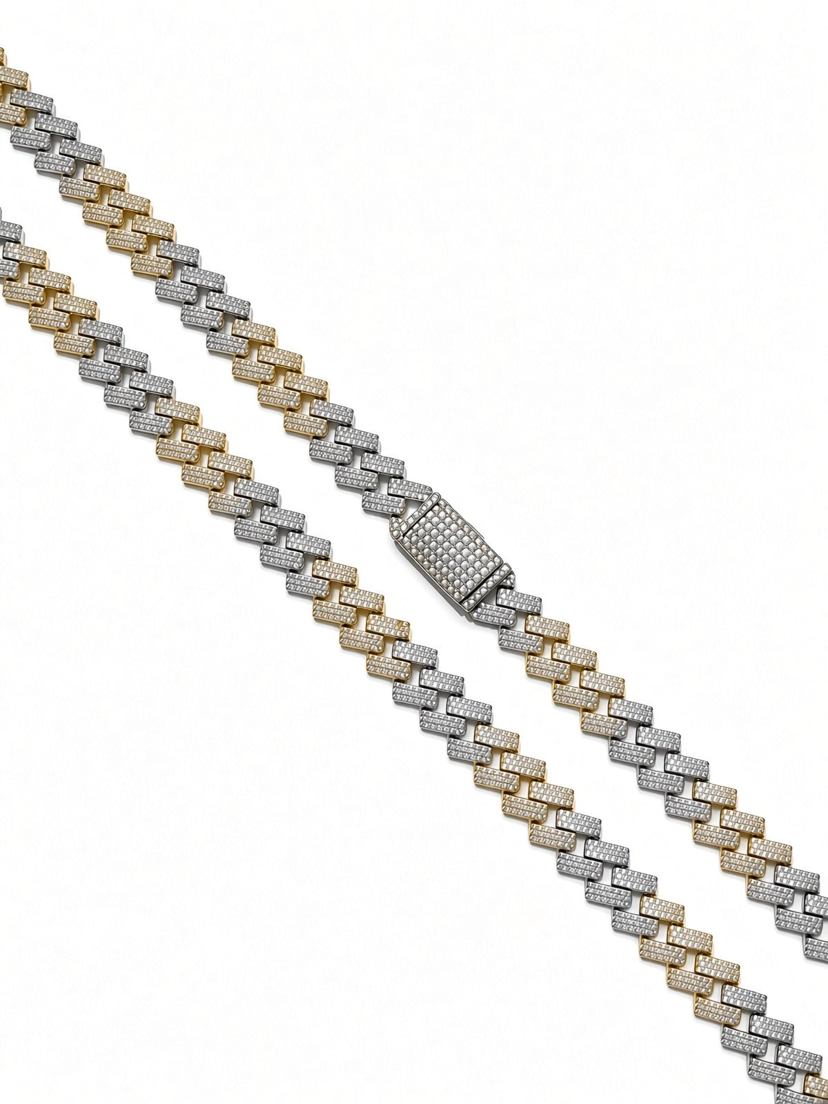 10mm cuban edge chain in 925 sterling silver, two-tone gold, set with cubic zirconia stones