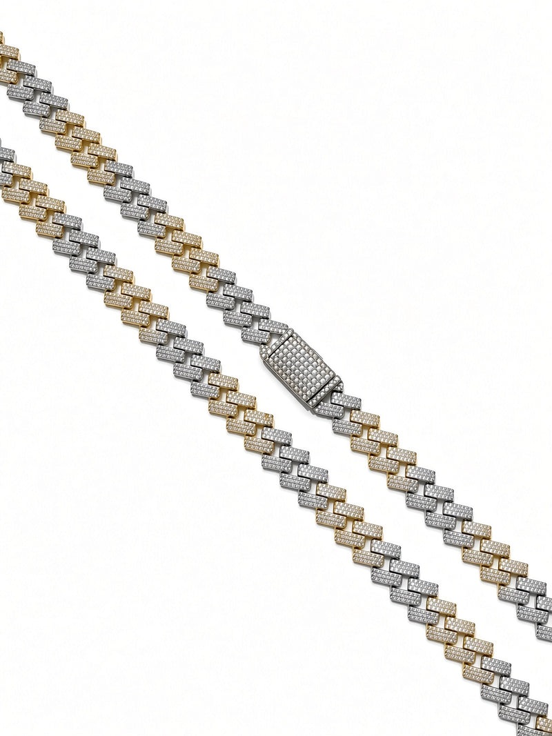 10mm cuban edge chain in 925 sterling silver, two-tone gold, set with cubic zirconia stones
