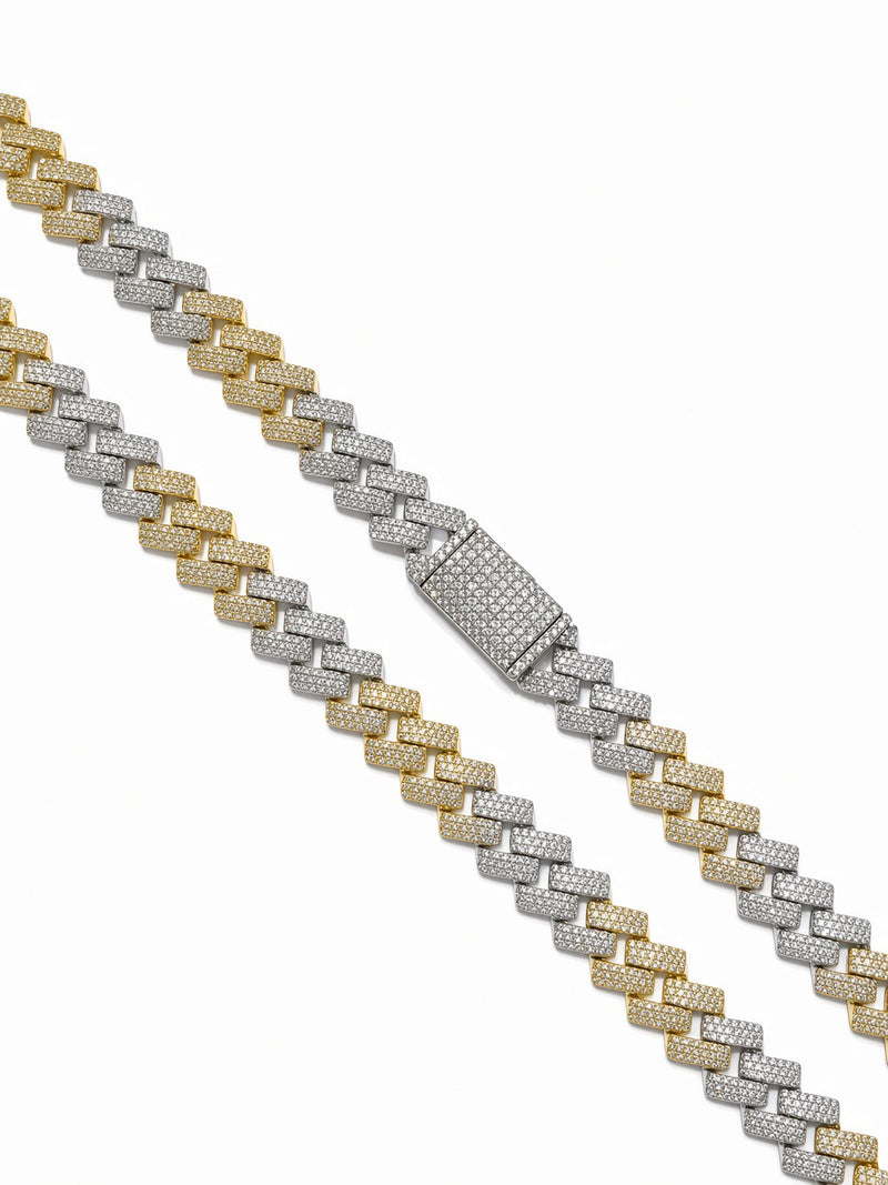 12mm cuban edge chain in 925 sterling silver, two-tone gold, set with cubic zirconia stones