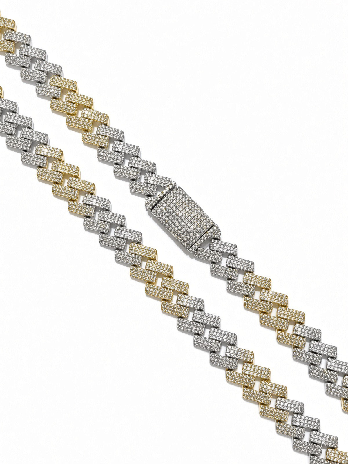 14mm cuban edge chain in 925 sterling silver, two-tone gold, set with cubic zirconia stones