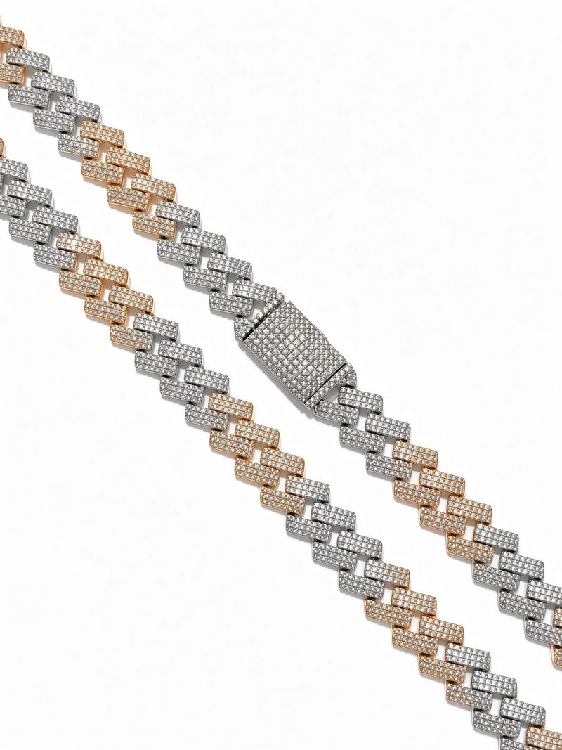 14mm cuban edge chain in 925 sterling silver, two-tone rose, set with cubic zirconia stones