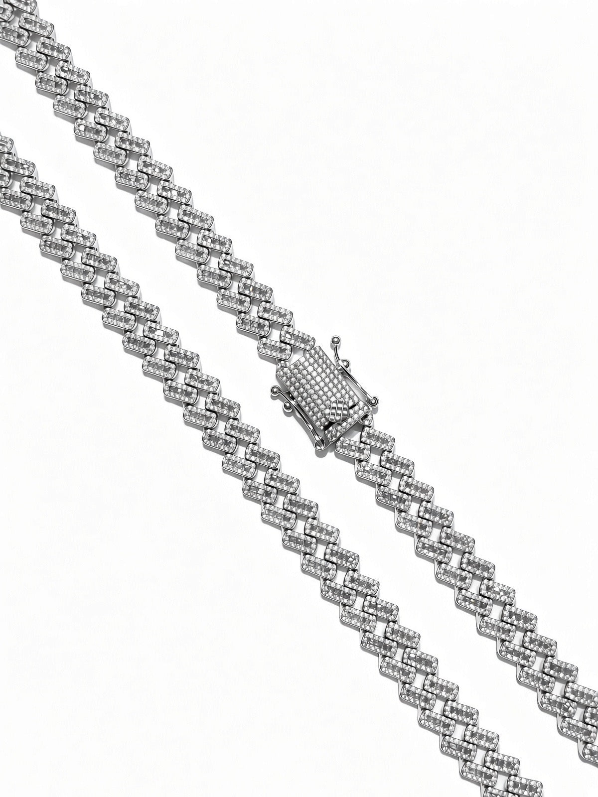 10mm cuban edge baguette chain in 925 sterling silver, rhodium plated, set with cubic zirconia stones