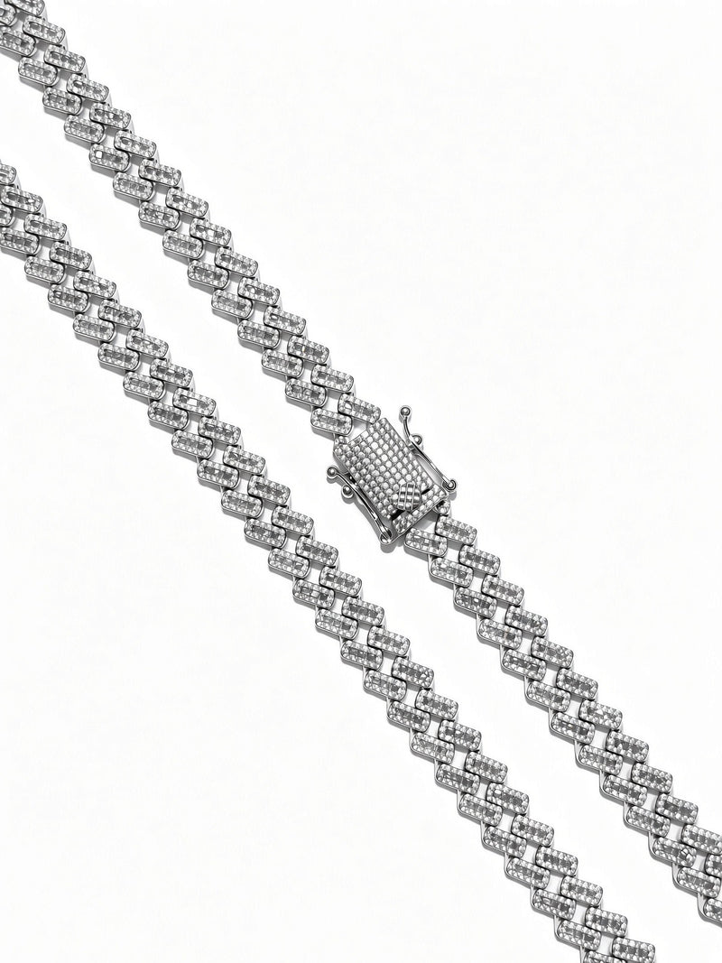 10mm cuban edge baguette chain in 925 sterling silver, rhodium plated, set with cubic zirconia stones