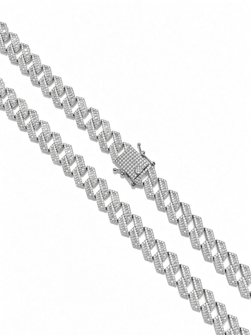 12mm cuban edge baguette chain in 925 sterling silver, rhodium plated, set with cubic zirconia stones