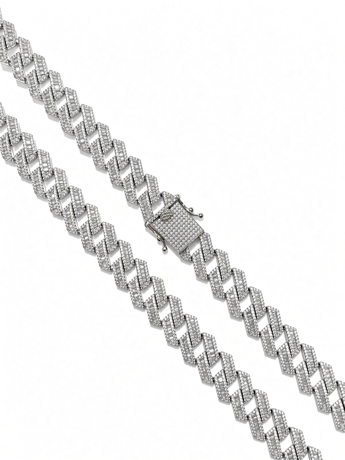 14mm cuban edge baguette chain in 925 sterling silver, rhodium plated, set with cubic zirconia stones