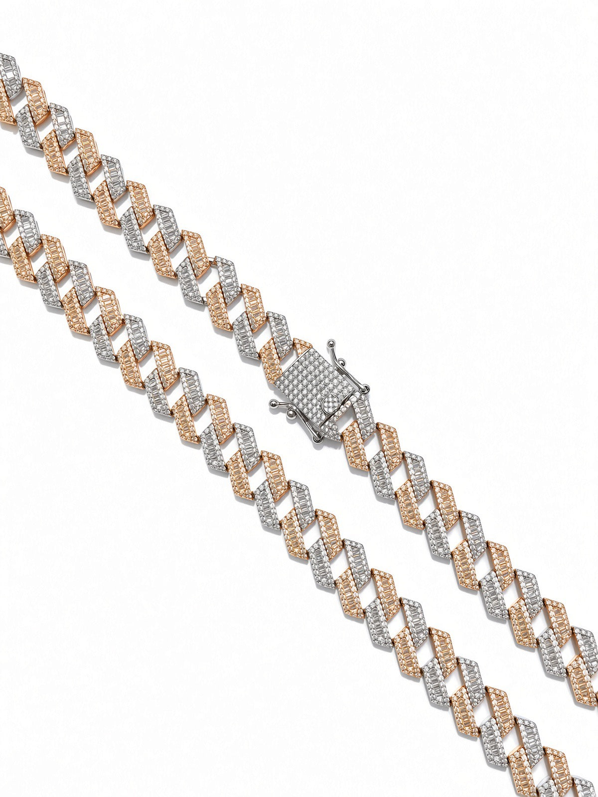 12mm cuban edge baguette chain in 925 sterling silver, two-tone rose, set with cubic zirconia stones