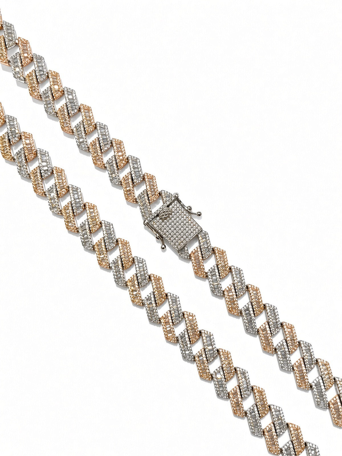 14mm cuban edge baguette chain in 925 sterling silver, two-tone rose, set with cubic zirconia stones