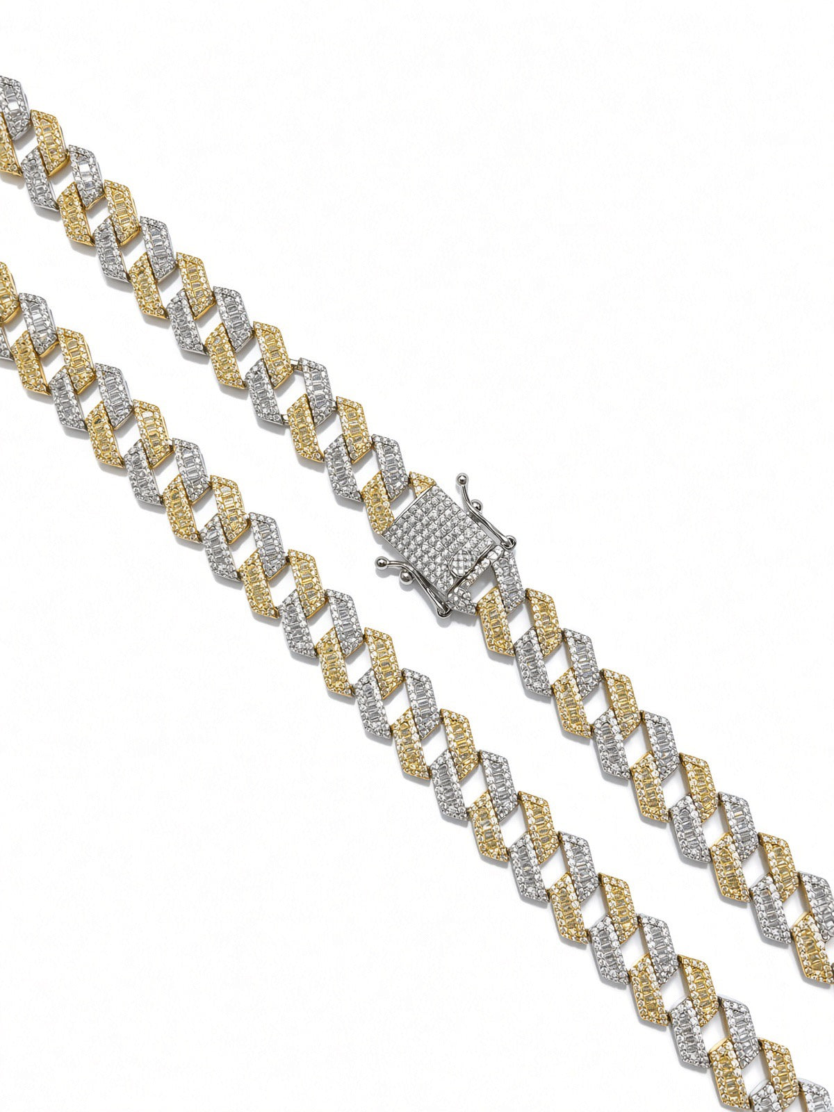 12mm cuban edge baguette chain in 925 sterling silver, two-tone gold, set with cubic zirconia stones