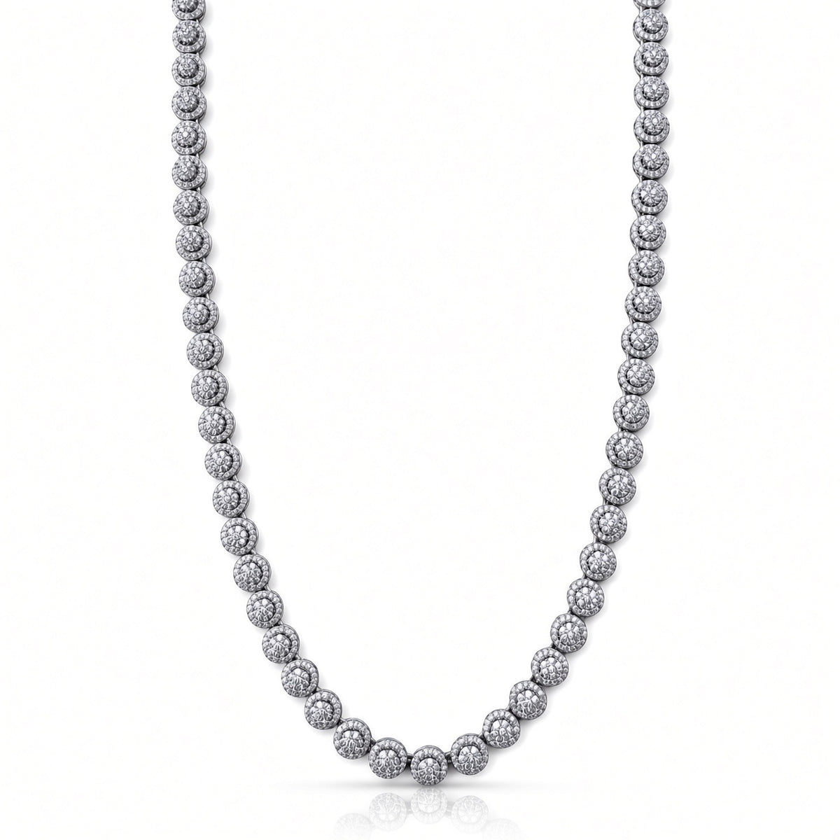 6.5mm pave bezel tennis chain in 925 sterling silver, rhodium plated, set with cubic zirconia stones