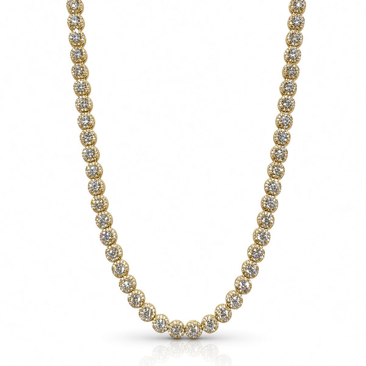 6.5mm halo bezel tennis chain in 925 sterling silver, gold plated, set with cubic zirconia stones