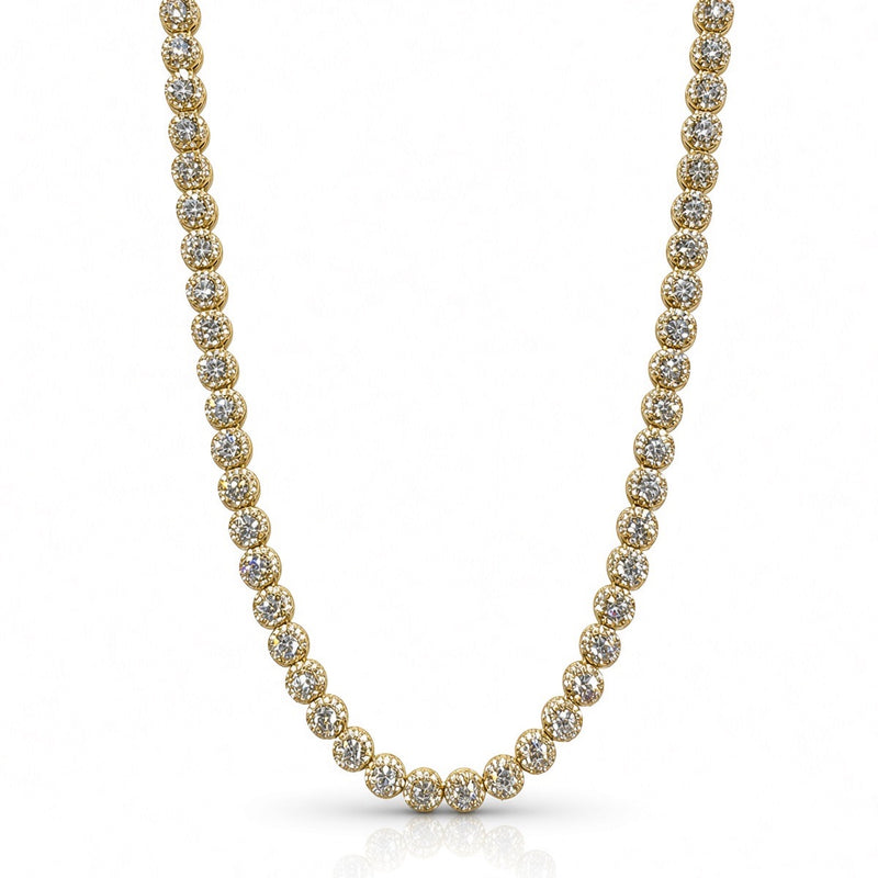 6.5mm halo bezel tennis chain in 925 sterling silver, gold plated, set with cubic zirconia stones
