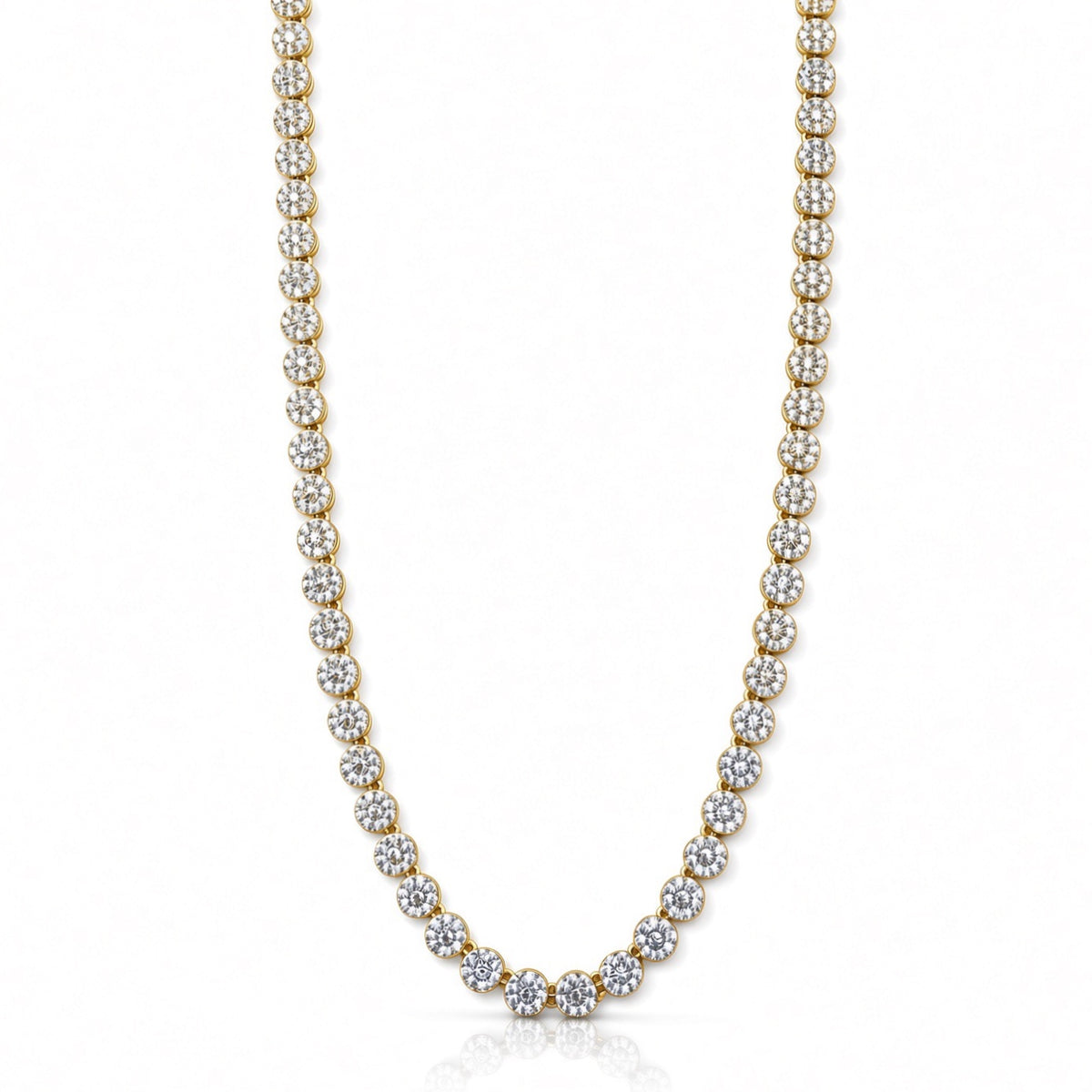 6.5mm flat bezel tennis chain in 925 sterling silver, gold plated, set with cubic zirconia stones