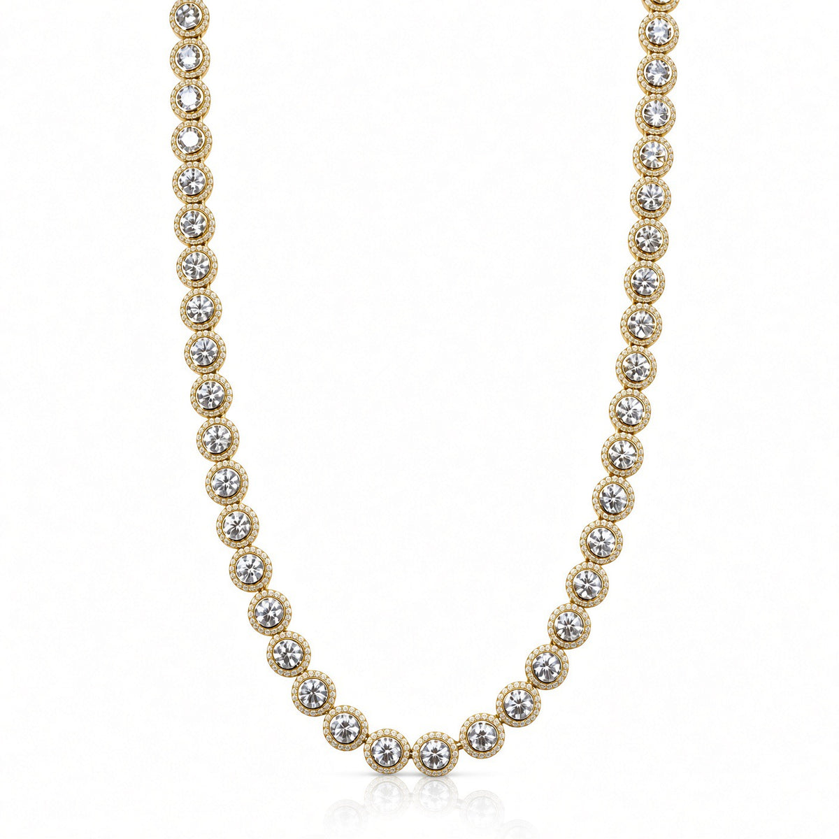 6.5mm flat halo bezel tennis chain in 925 sterling silver, gold plated, set with cubic zirconia stones