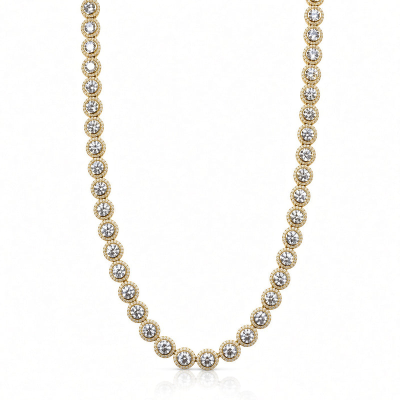 6.5mm flat halo bezel tennis chain in 925 sterling silver, gold plated, set with cubic zirconia stones