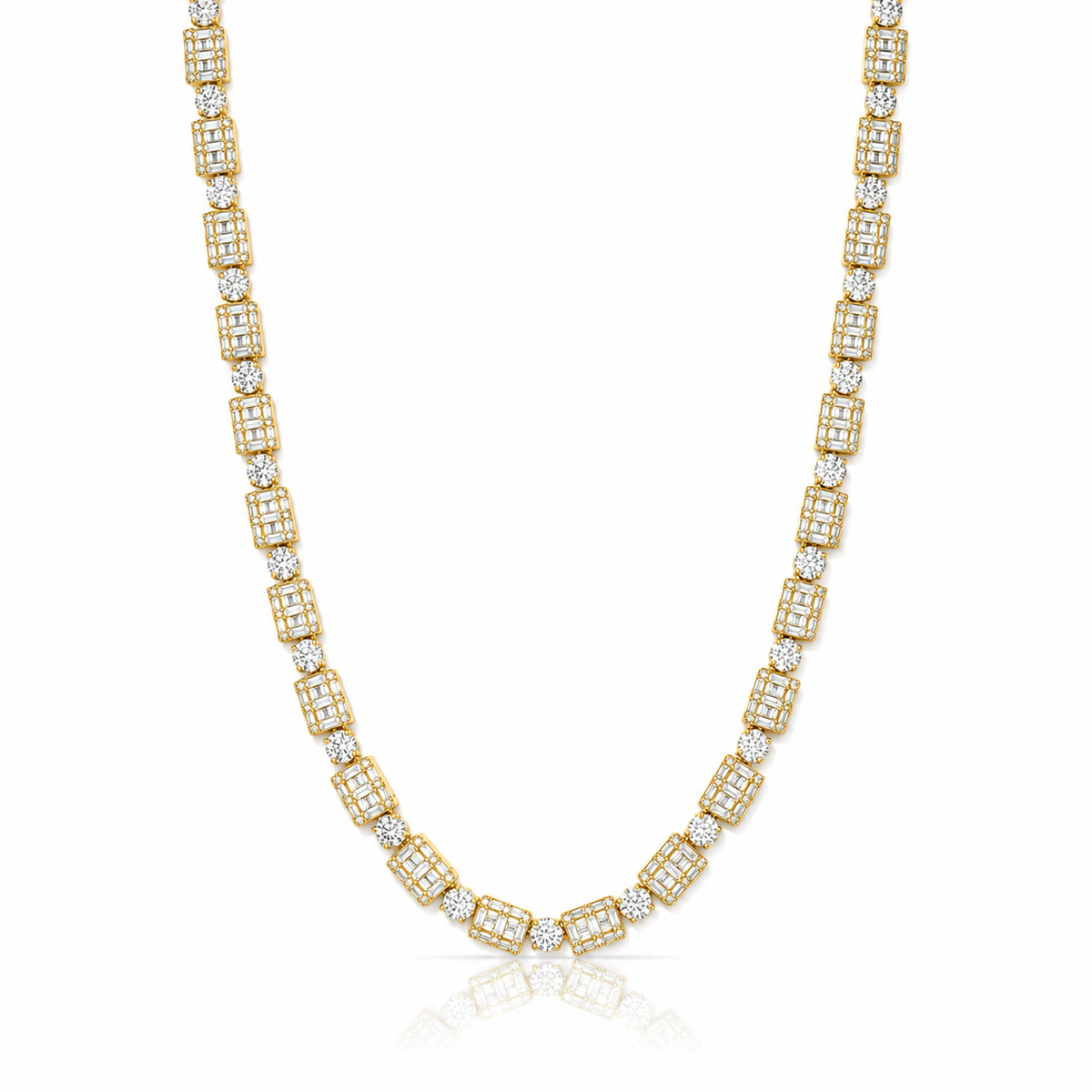6.5mm baguette cluster tennis chain in 925 sterling silver, gold plated, set with cubic zirconia stones