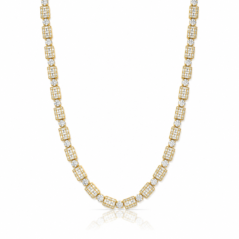 6.5mm baguette cluster tennis chain in 925 sterling silver, gold plated, set with cubic zirconia stones
